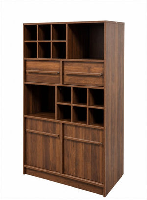 English Elm Modern Walnut Wine Cabinet Buffet with 12 Bottle Rack Drawers and Bar Storage W331S00254