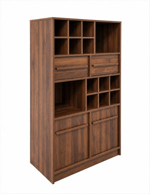 English Elm Modern Walnut Wine Cabinet Buffet with 12 Bottle Rack Drawers and Bar Storage W331S00254