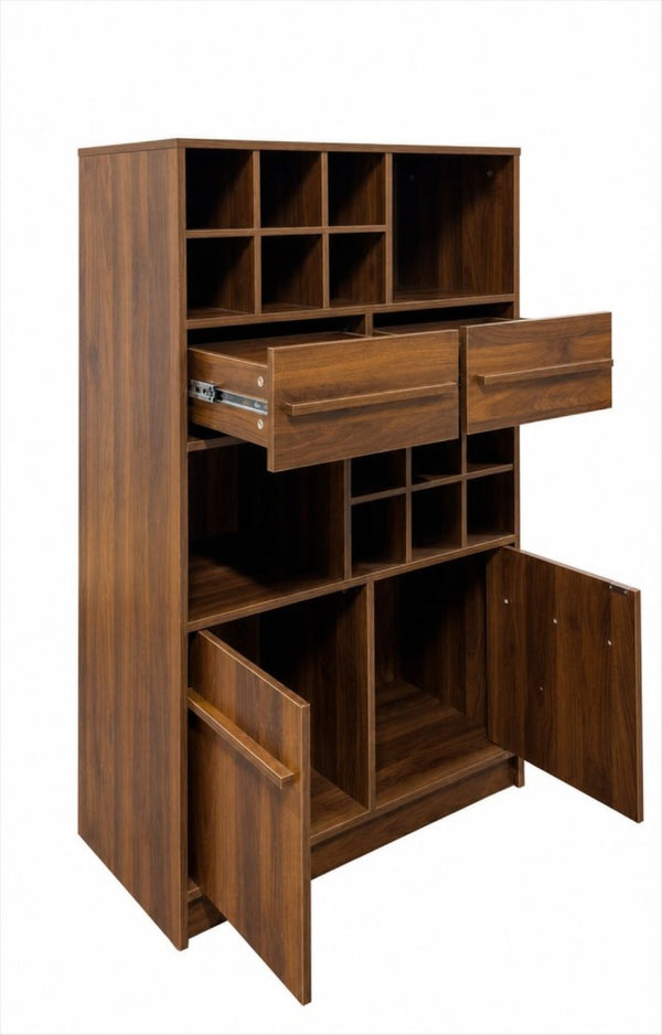 English Elm Modern Walnut Wine Cabinet Buffet with 12 Bottle Rack Drawers and Bar Storage W331S00254