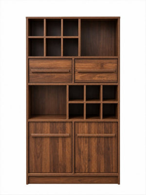 English Elm Modern Walnut Wine Cabinet Buffet with 12 Bottle Rack Drawers and Bar Storage W331S00254