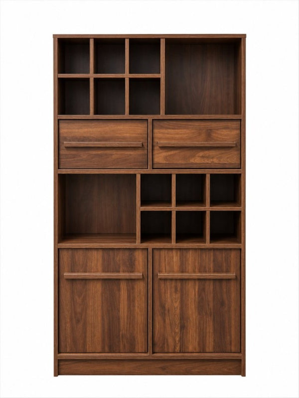 English Elm Modern Walnut Wine Cabinet Buffet with 12 Bottle Rack Drawers and Bar Storage W331S00254