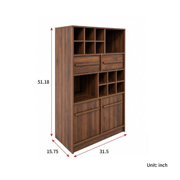 English Elm Modern Walnut Wine Cabinet Buffet with 12 Bottle Rack Drawers and Bar Storage W331S00254