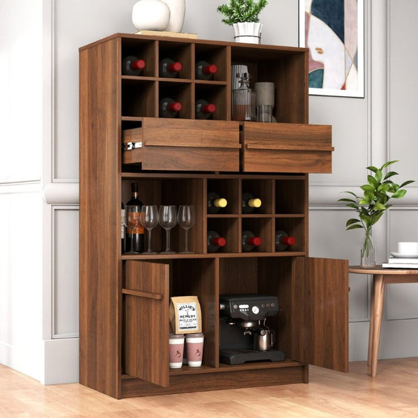 English Elm Modern Walnut Wine Cabinet Buffet with 12 Bottle Rack Drawers and Bar Storage W331S00254
