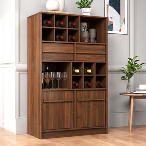 English Elm Modern Walnut Wine Cabinet Buffet with 12 Bottle Rack Drawers and Bar Storage W331S00254