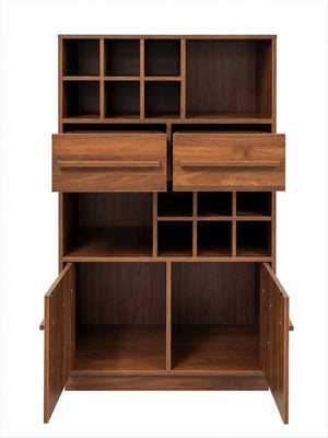 English Elm Modern Walnut Wine Cabinet Buffet with 12 Bottle Rack Drawers and Bar Storage W331S00254