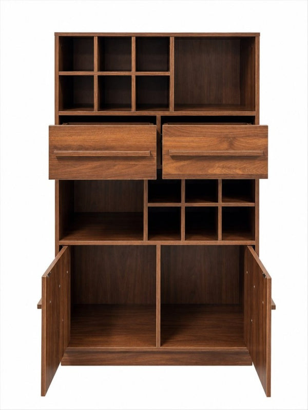 English Elm Modern Walnut Wine Cabinet Buffet with 12 Bottle Rack Drawers and Bar Storage W331S00254
