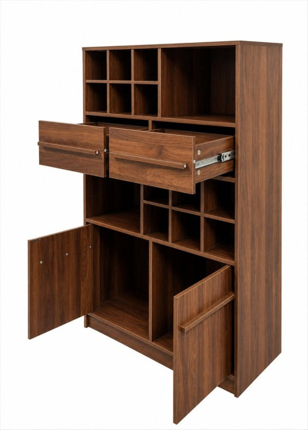 English Elm Modern Walnut Wine Cabinet Buffet with 12 Bottle Rack Drawers and Bar Storage W331S00254