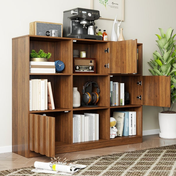 English Elm Cube 9-Compartment Freestanding Bookcase with Open Shelves and Hidden Cabinet Storage W331S00259