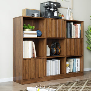 English Elm Cube 9-Compartment Freestanding Bookcase with Open Shelves and Hidden Cabinet Storage W331S00259