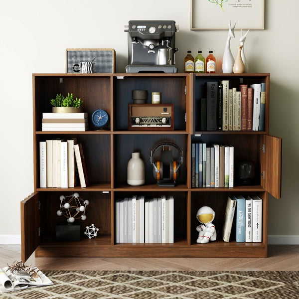 English Elm Cube 9-Compartment Freestanding Bookcase with Open Shelves and Hidden Cabinet Storage W331S00259