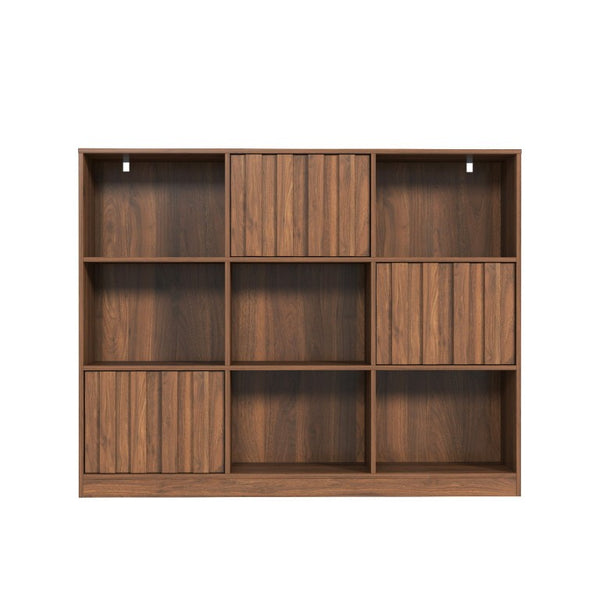 English Elm Cube 9-Compartment Freestanding Bookcase with Open Shelves and Hidden Cabinet Storage W331S00259