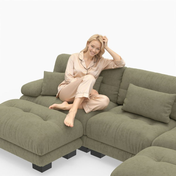 English Elm U-Shaped Velvet Cloud Sectional with Ottomans Deep Modular Seating for Living Room Green W3356S00041