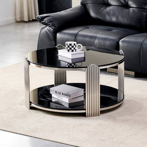 English Elm 35.00 Inch Round Coffee Table Dual Tier Tempered Glass Top Steel Frame Modern Living Room W3357P482004