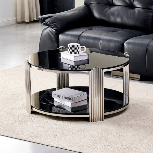 English Elm 35.00 Inch Round Coffee Table Dual Tier Tempered Glass Top Steel Frame Modern Living Room W3357P482004