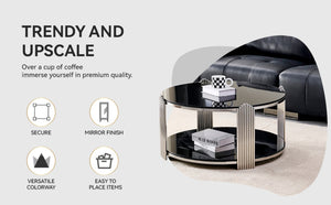 English Elm 35.00 Inch Round Coffee Table Dual Tier Tempered Glass Top Steel Frame Modern Living Room W3357P482004