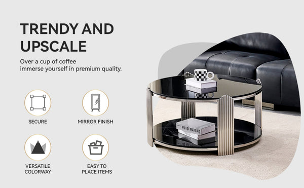 English Elm 35.00 Inch Round Coffee Table Dual Tier Tempered Glass Top Steel Frame Modern Living Room W3357P482004