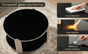 English Elm 35.00 Inch Round Coffee Table Dual Tier Tempered Glass Top Steel Frame Modern Living Room W3357P482004