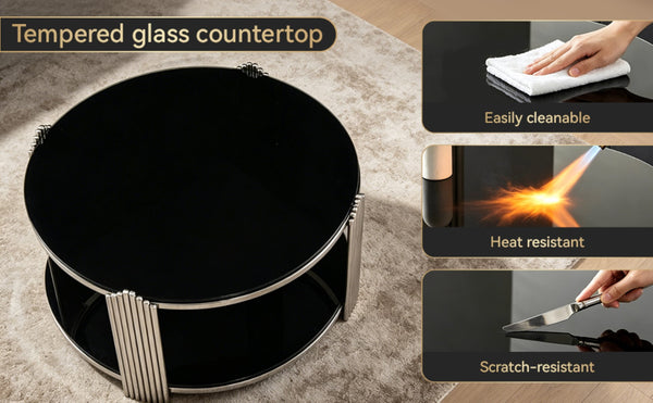 English Elm 35.00 Inch Round Coffee Table Dual Tier Tempered Glass Top Steel Frame Modern Living Room W3357P482004