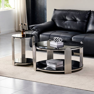 English Elm 35.00 Inch Round Coffee Table Dual Tier Tempered Glass Top Steel Frame Modern Living Room W3357P482004