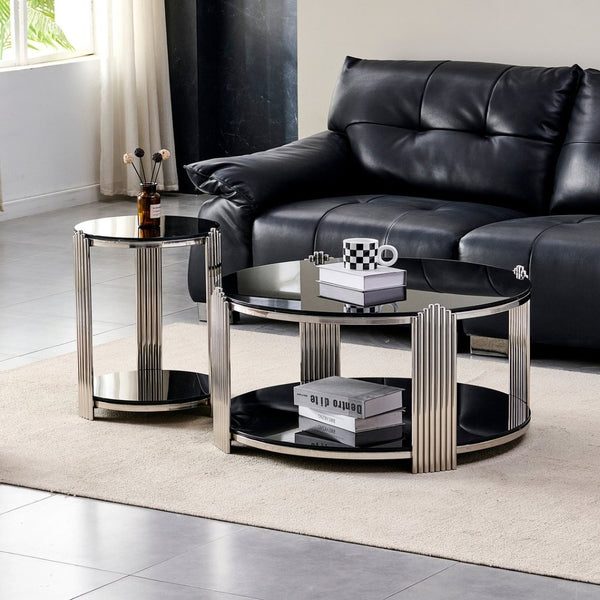 English Elm 35.00 Inch Round Coffee Table Dual Tier Tempered Glass Top Steel Frame Modern Living Room W3357P482004