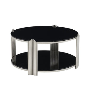 English Elm 35.00 Inch Round Coffee Table Dual Tier Tempered Glass Top Steel Frame Modern Living Room W3357P482004