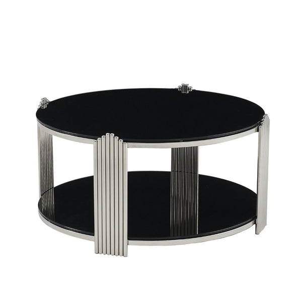 English Elm 35.00 Inch Round Coffee Table Dual Tier Tempered Glass Top Steel Frame Modern Living Room W3357P482004