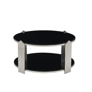 English Elm 35.00 Inch Round Coffee Table Dual Tier Tempered Glass Top Steel Frame Modern Living Room W3357P482004
