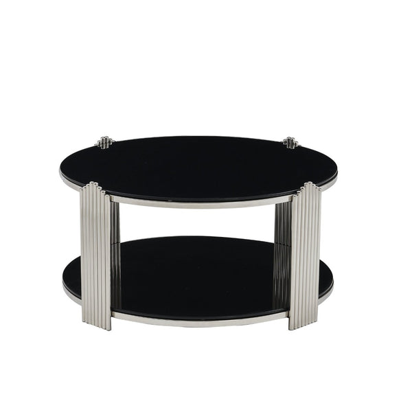 English Elm 35.00 Inch Round Coffee Table Dual Tier Tempered Glass Top Steel Frame Modern Living Room W3357P482004