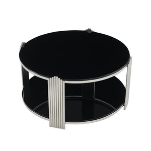 English Elm 35.00 Inch Round Coffee Table Dual Tier Tempered Glass Top Steel Frame Modern Living Room W3357P482004