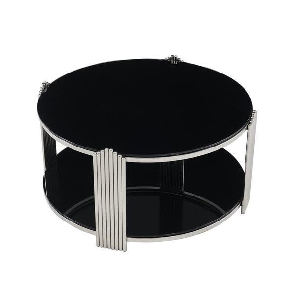 English Elm 35.00 Inch Round Coffee Table Dual Tier Tempered Glass Top Steel Frame Modern Living Room W3357P482004