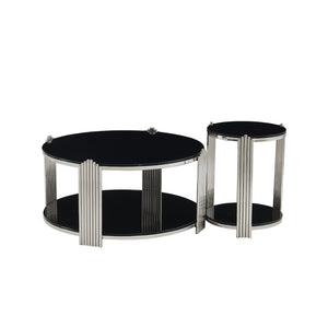 English Elm 35.00 Inch Round Coffee Table Dual Tier Tempered Glass Top Steel Frame Modern Living Room W3357P482004