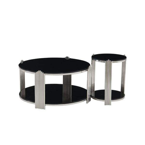 English Elm 35.00 Inch Round Coffee Table Dual Tier Tempered Glass Top Steel Frame Modern Living Room W3357P482004