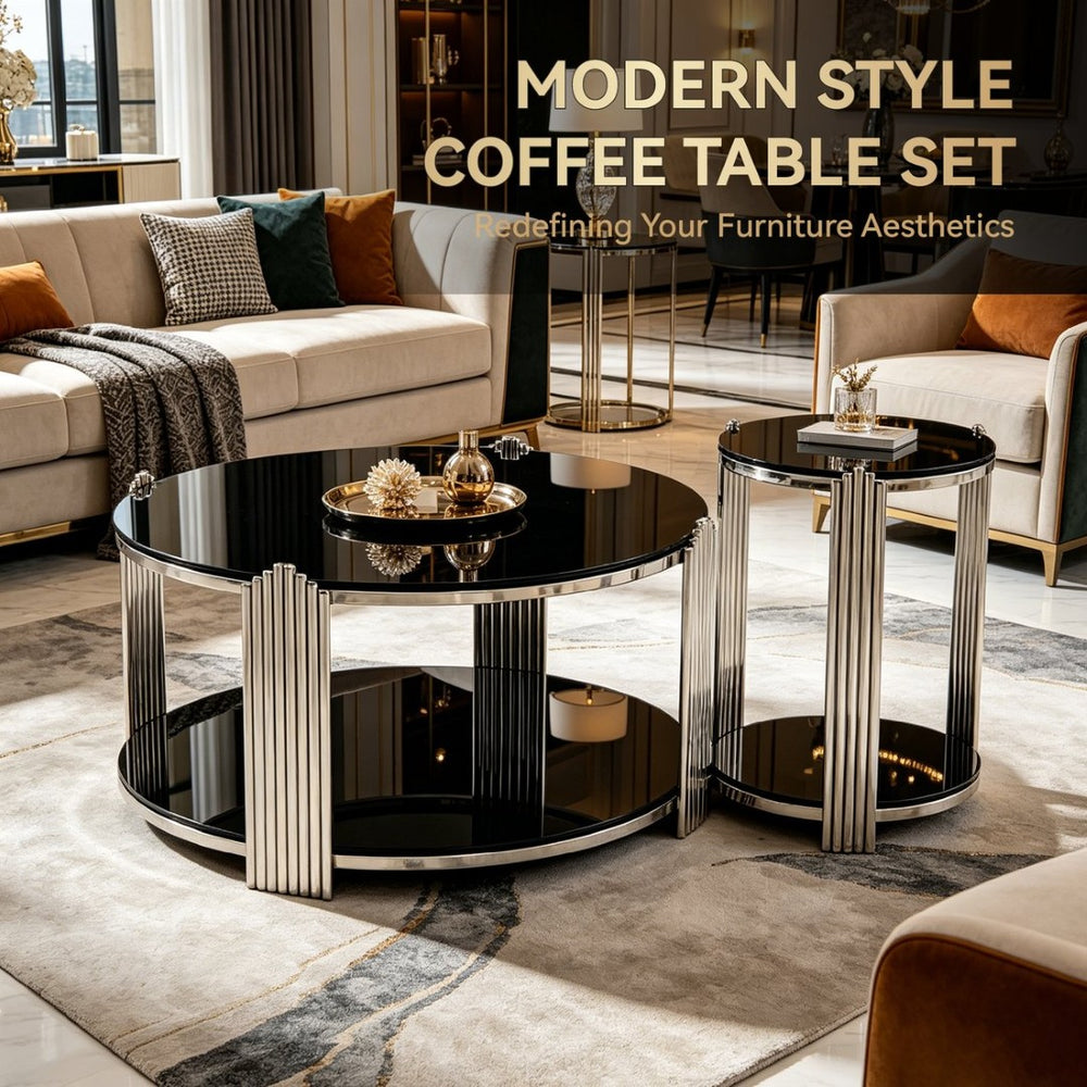English Elm 35.00 Inch Round Coffee Table Dual Tier Tempered Glass Top Steel Frame Modern Living Room W3357P482004