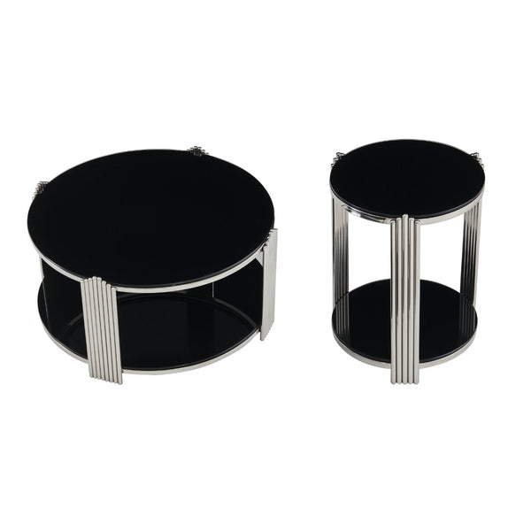 English Elm 35.00 Inch Round Coffee Table Dual Tier Tempered Glass Top Steel Frame Modern Living Room W3357P482004