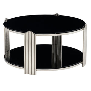 English Elm 35.00 Inch Round Coffee Table Dual Tier Tempered Glass Top Steel Frame Modern Living Room W3357P482004