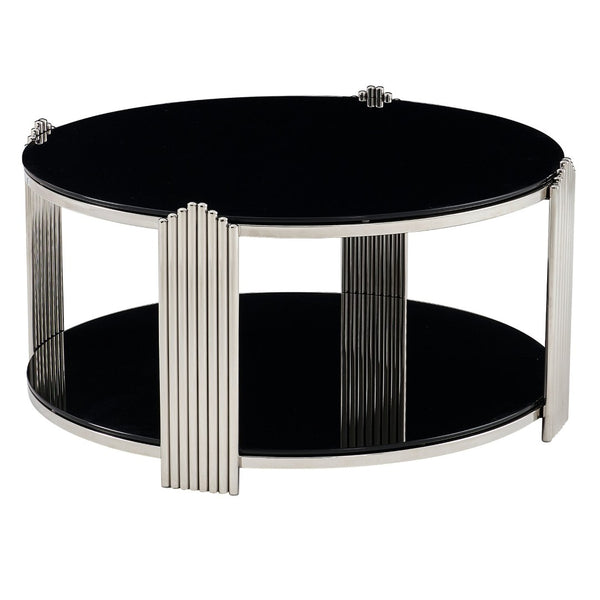 English Elm 35.00 Inch Round Coffee Table Dual Tier Tempered Glass Top Steel Frame Modern Living Room W3357P482004