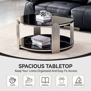 English Elm 35.00 Inch Round Coffee Table Dual Tier Tempered Glass Top Steel Frame Modern Living Room W3357P482004