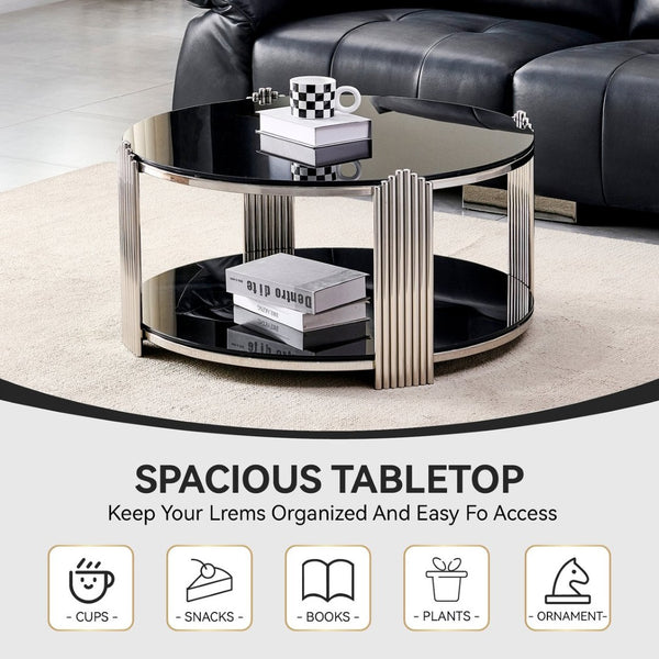 English Elm 35.00 Inch Round Coffee Table Dual Tier Tempered Glass Top Steel Frame Modern Living Room W3357P482004