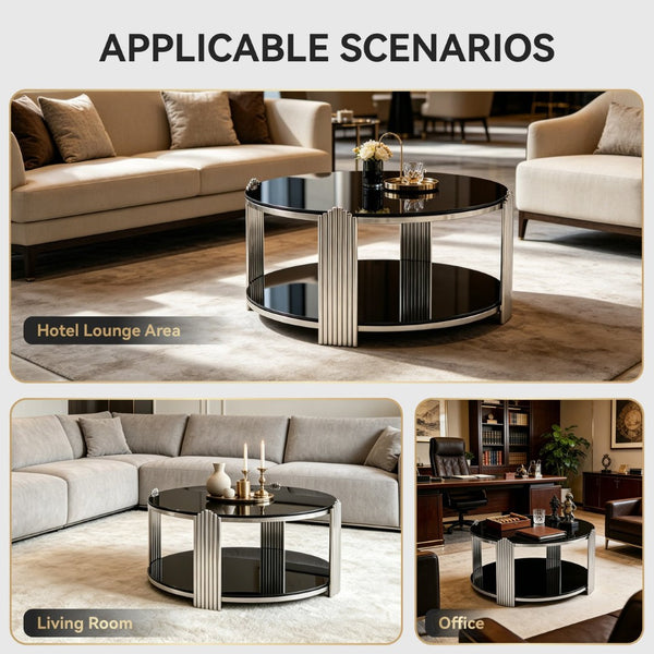 English Elm 35.00 Inch Round Coffee Table Dual Tier Tempered Glass Top Steel Frame Modern Living Room W3357P482004