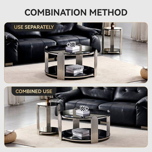 English Elm 35.00 Inch Round Coffee Table Dual Tier Tempered Glass Top Steel Frame Modern Living Room W3357P482004