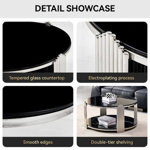 English Elm 35.00 Inch Round Coffee Table Dual Tier Tempered Glass Top Steel Frame Modern Living Room W3357P482004