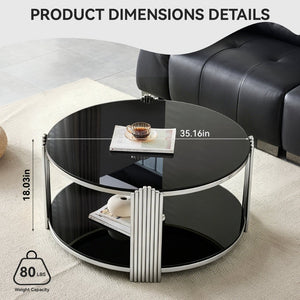 English Elm 35.00 Inch Round Coffee Table Dual Tier Tempered Glass Top Steel Frame Modern Living Room W3357P482004