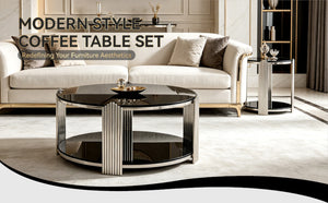 English Elm 35.00 Inch Round Coffee Table Dual Tier Tempered Glass Top Steel Frame Modern Living Room W3357P482004