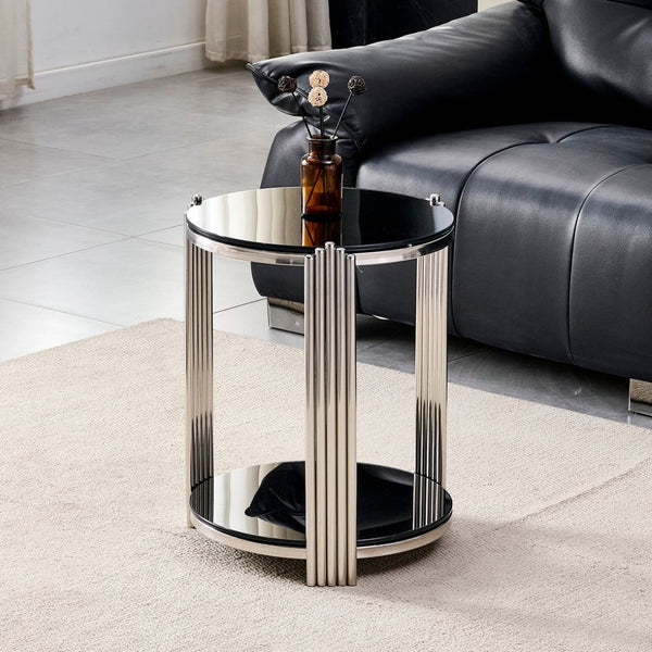 English Elm 16.90 Inch Round End Table Two Tier Tempered Glass Top Steel Frame Living Room W3357P482006
