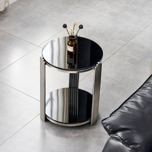 English Elm 16.90 Inch Round End Table Two Tier Tempered Glass Top Steel Frame Living Room W3357P482006