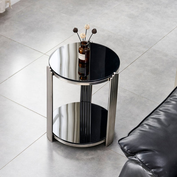 English Elm 16.90 Inch Round End Table Two Tier Tempered Glass Top Steel Frame Living Room W3357P482006