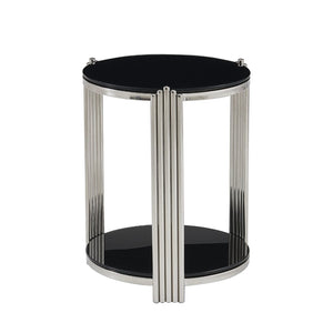 English Elm 16.90 Inch Round End Table Two Tier Tempered Glass Top Steel Frame Living Room W3357P482006