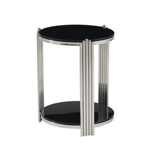 English Elm 16.90 Inch Round End Table Two Tier Tempered Glass Top Steel Frame Living Room W3357P482006