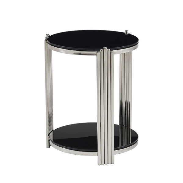 English Elm 16.90 Inch Round End Table Two Tier Tempered Glass Top Steel Frame Living Room W3357P482006