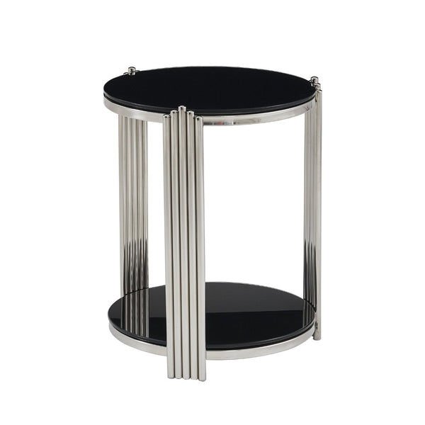 English Elm 16.90 Inch Round End Table Two Tier Tempered Glass Top Steel Frame Living Room W3357P482006